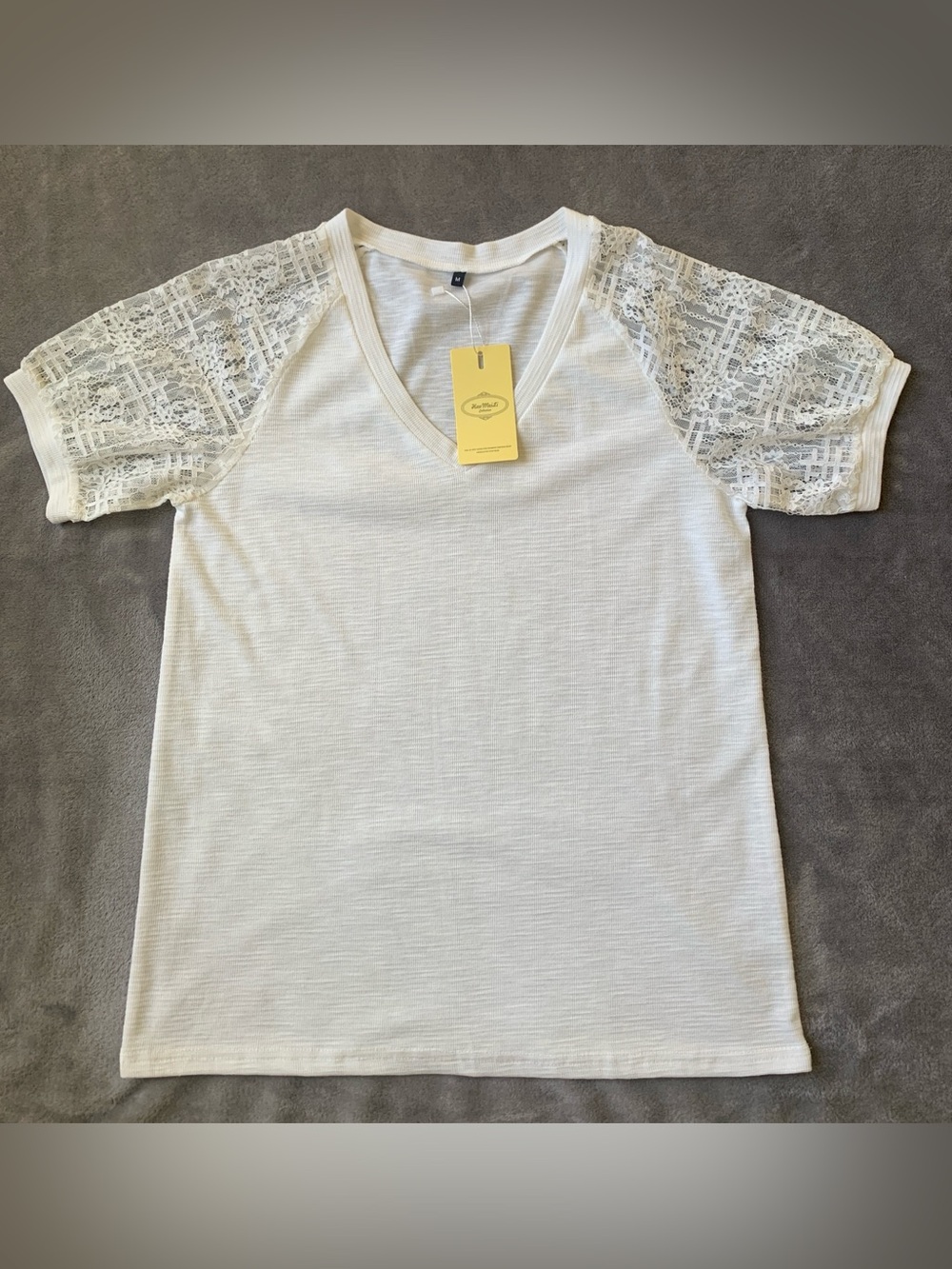 Lace-Sleeve V-Neck Tee - Women’s Lightweight Casual Top - Picture 1 of 7